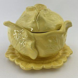 Vintage 1980 Holland Mold Yellow Ceramic Cabbage Bowl With Lid and Plate